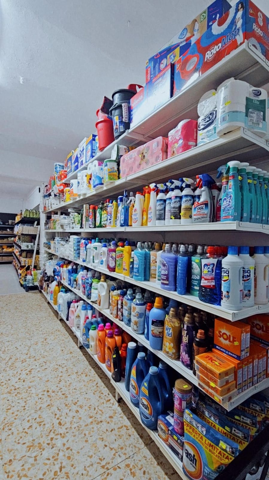 Scaffali di detersivi, ammorbidenti, carta igienica e articoli per la pulizia